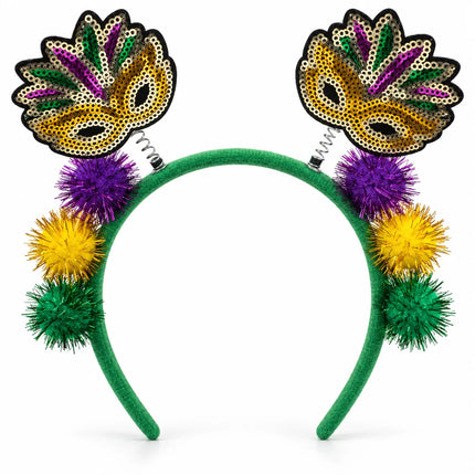 Mardi Gras Sequin Mask Headband with Pom-Poms