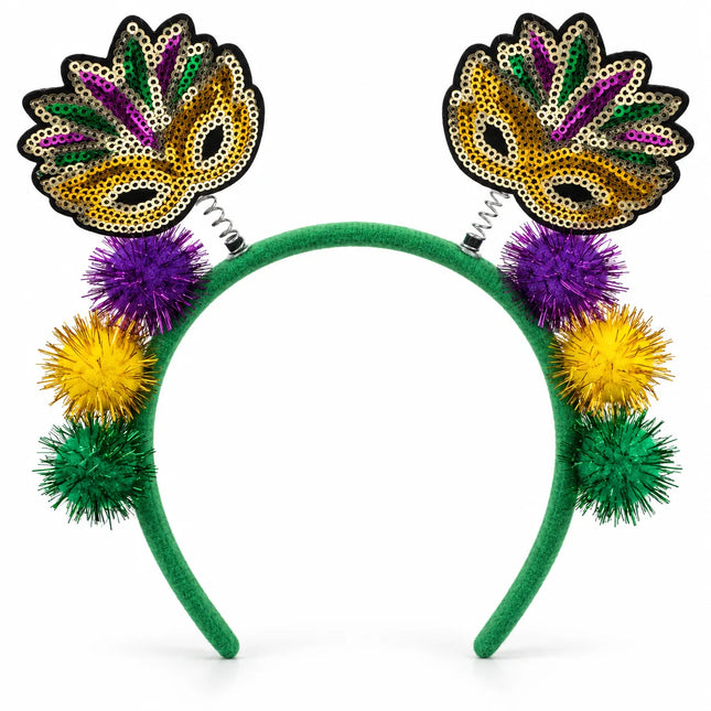 Mardi Gras Sequin Mask Headband with Pom-Poms