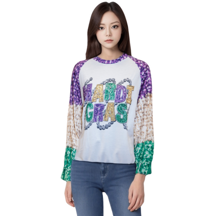 Women's Mardi Gras Print Crew Neck #3 - Mardi Gras Apparel - Adult, Crew Neck, Front Design - 