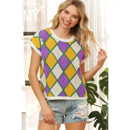 Mardi Gras Colorful Diamond Checker Knit Sweater Top