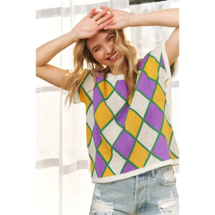 Mardi Gras Colorful Diamond Checker Knit Sweater Top