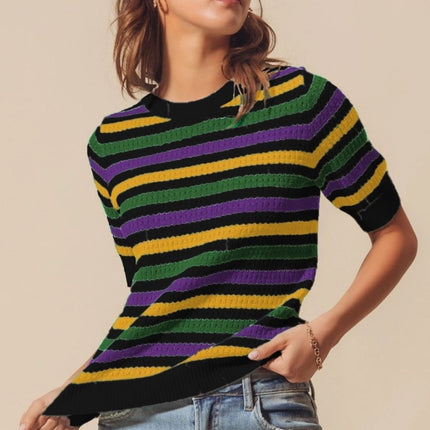 Mardi Gras Black Striped Crew Neck Breathable Sweater Top