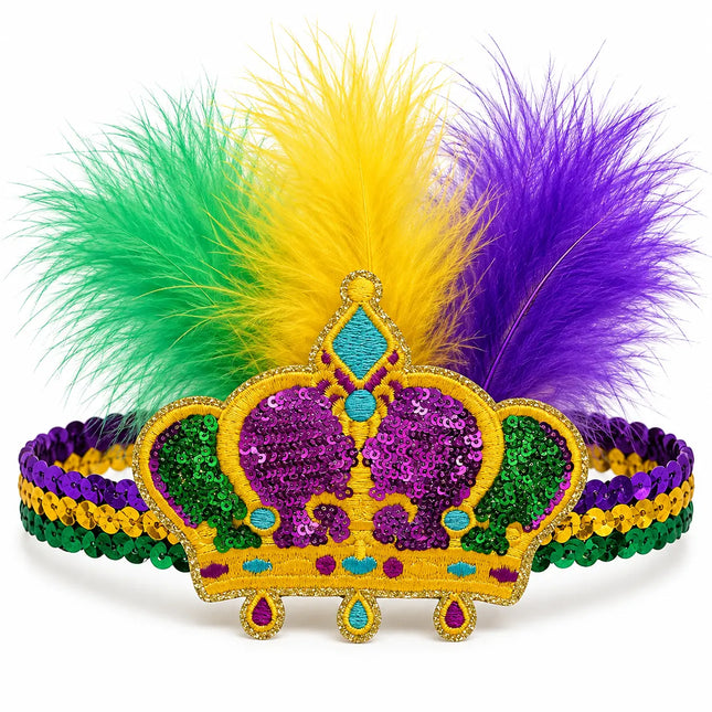 Mardi Gras Sequin Crown Feather Headband Purple, Green & Gold