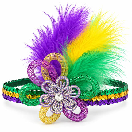 A festive Mardi Gras sequin headband with purple, green, and yellow feathers, a purple and yellow sequined flower, and a rhinestone center, shown on a white background.