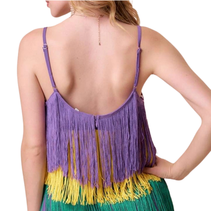 Mardi Gras Tri-Color Fringe Color Block Cami Top
