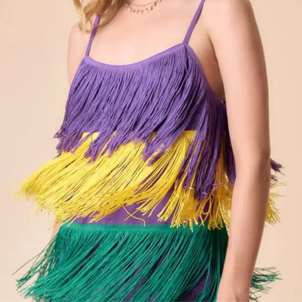 Mardi Gras Tri-Color Fringe Color Block Cami Top