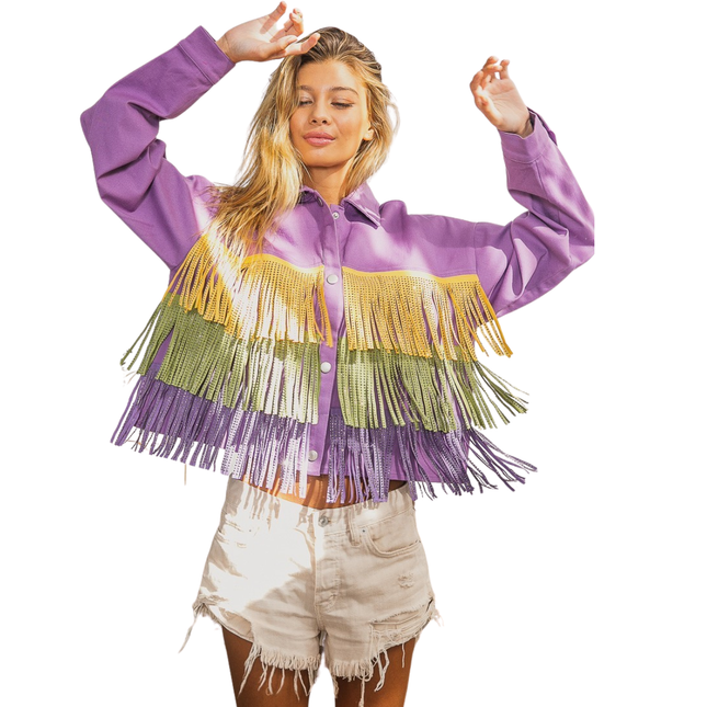 Mardi Gras Rhinestone Fringe Studed Collar Jacket