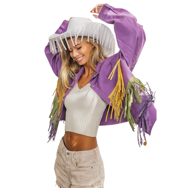 Mardi Gras Rhinestone Fringe Studed Collar Jacket
