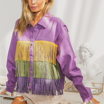 Mardi Gras Rhinestone Fringe Studed Collar Jacket