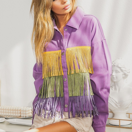 Mardi Gras Rhinestone Fringe Studed Collar Jacket