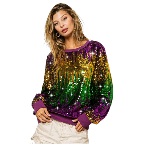 Mardi Gras Sequin Color Block Pullover - Mardi Gras Apparel - Adult, Gold, Green - 