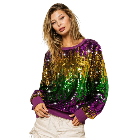 Mardi Gras Sequin Color Block Pullover - Mardi Gras Apparel - Adult, Gold, Green -