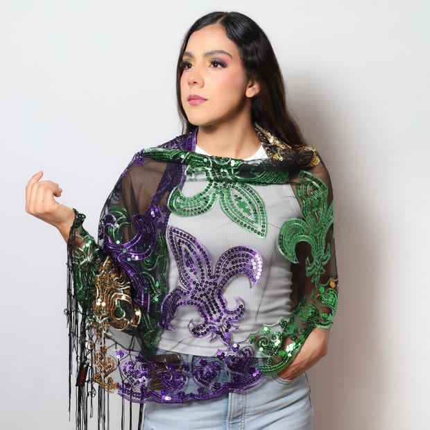 Mardi Gras Sequin Fleur De Lis Sheer Wrap Shawl in purple, green, and gold.