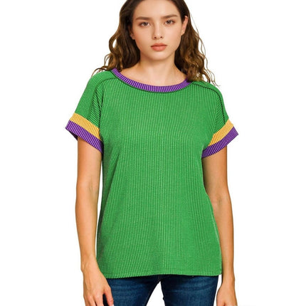 Mardi Gras Tri-Color Contrast Green Top
