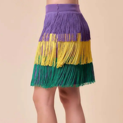 Mardi Gras Tri-Color Fringe Color Block Mini Skirt