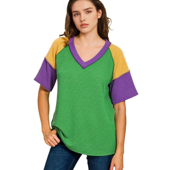 Mardi Gras Tri-Color V-Neck Color Block Top Green