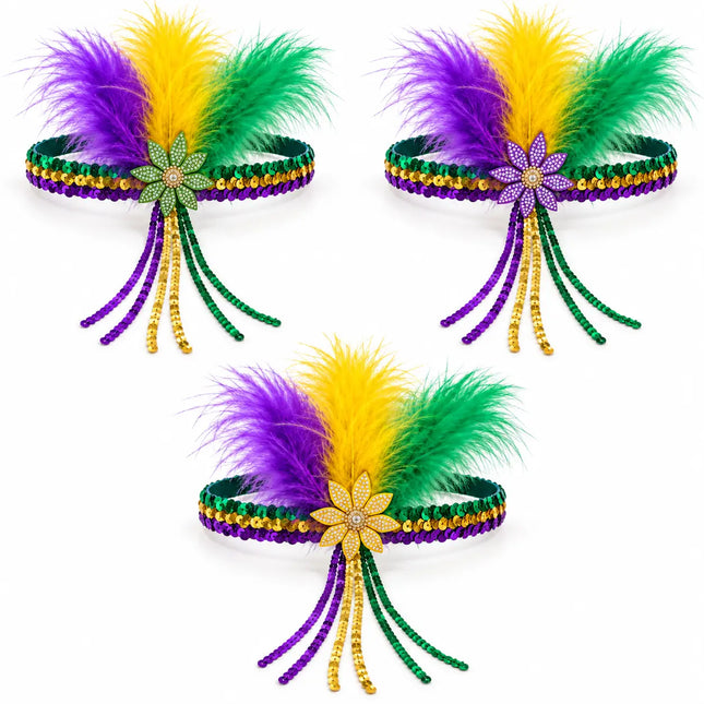 Mardi Gras Feather Headband with Jeweled Flower & Sequin Fringe