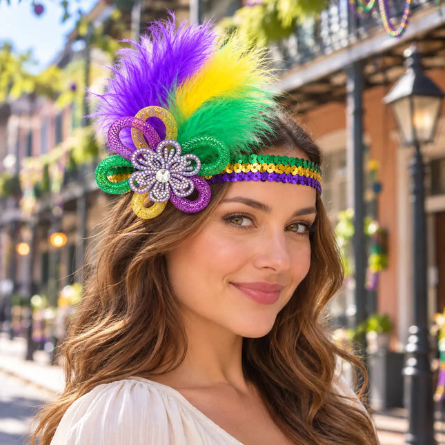 Mardi Gras Feather Headband with Rhinestone Flower & Mesh Loops