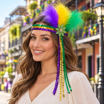 Mardi Gras Feather Headband with Jeweled Flower & Sequin Fringe