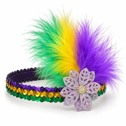 A Mardi Gras themed headband featuring green, yellow, and purple feathers, purple sequins, gold sequins, and a large rhinestone flower embellishment on a white background.