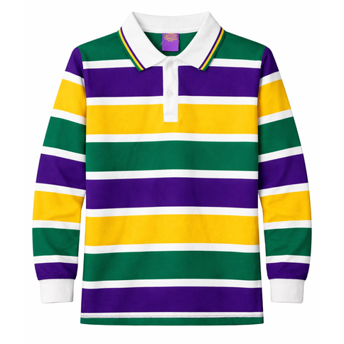 Polo de rugby de manga larga unisex de 3 paneles Mardi Gras para adultos, color blanco