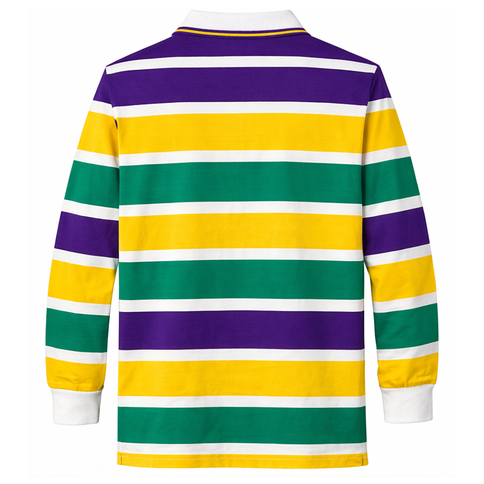 Polo de rugby de manga larga unisex de 3 paneles Mardi Gras para adultos, color blanco
