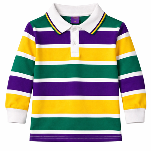 Polo de rugby Mardi Gras de manga larga unisex de 3 paneles para niños, color blanco