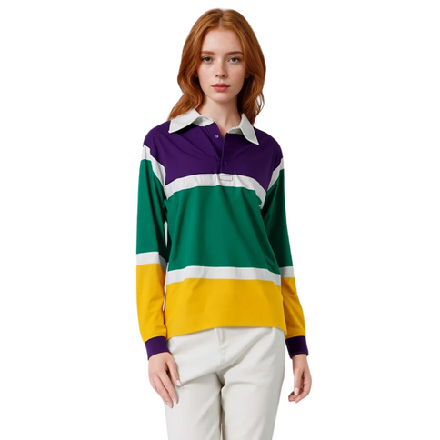 Adult Unisex Mardi Gras Polo Long Sleeve 3 Color Panel & White Trim