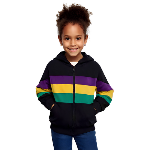 Kids Unisex Mardi Gras Striped Zipper Black Hoodie