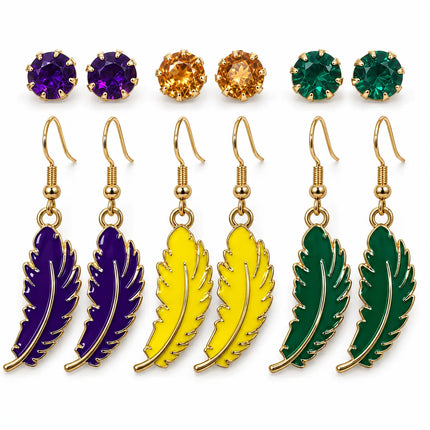 Mardi Gras Stud & Feather Drop Earrings Set – 6 Pairs