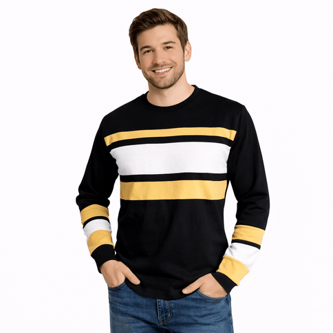 Adult Black & Gold Striped Long Sleeve Crewneck T-Shirt - Mardi Gras Apparel - apparel discount tier, Black & Gold, Unisex - Long Sleeve Crewneck