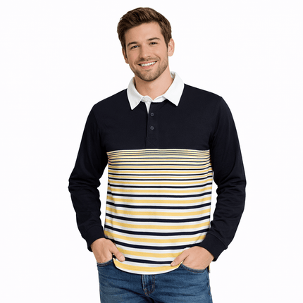 Adult Black & Gold Striped Long Sleeve Polo Shirt - Mardi Gras Apparel - apparel discount tier, Black & Gold, Unisex - Long Sleeve Crewneck
