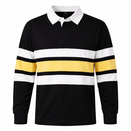 Adult Black & Gold Striped Long Sleeve Polo T-Shirt - Mardi Gras Apparel - apparel discount tier, Black & Gold, Unisex - Long Sleeve Rugby Polo