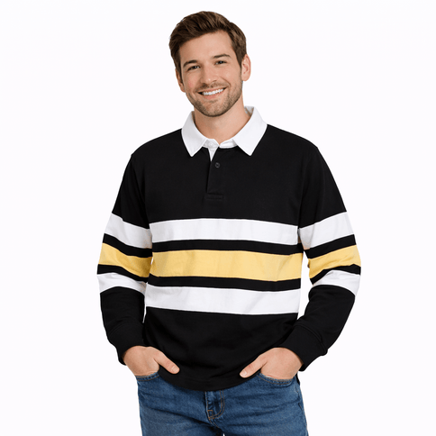 Adult Black & Gold Striped Long Sleeve Polo T-Shirt - Mardi Gras Apparel - apparel discount tier, Black & Gold, Unisex - Long Sleeve Rugby Polo