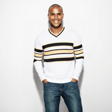 Adult Black & Gold Striped Long Sleeve V - Neck T-Shirt. - Mardi Gras Apparel - apparel discount tier, Black & Gold, Fat Savings 50% Off - Long Sleeve V - Neck