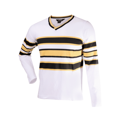 Adult Black & Gold Striped Long Sleeve V - Neck T-Shirt. - Mardi Gras Apparel - apparel discount tier, Black & Gold, Fat Savings 50% Off - Long Sleeve V - Neck