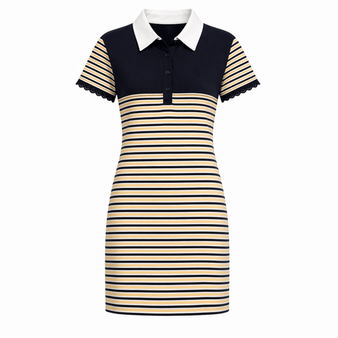 Adult Black & Gold Striped Polo Dress with Lace on Sleeves - Mardi Gras Apparel - apparel discount tier, Black & Gold, Dress - Dress