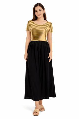 Adult Black & Gold Striped Short Sleeve Maxi Dress - Mardi Gras Apparel - apparel discount tier, Black & Gold, Dress - Dress