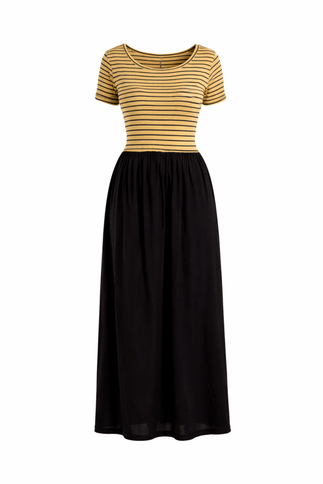 Adult Black & Gold Striped Short Sleeve Maxi Dress - Mardi Gras Apparel - apparel discount tier, Black & Gold, Dress - Dress