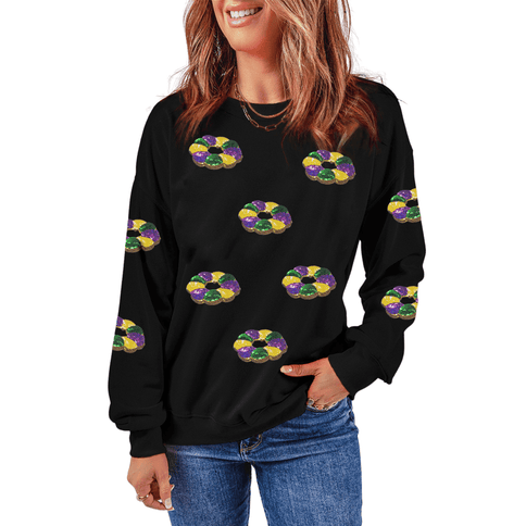 Adult Black Sequined Donuts of Mardi Gras Colors Drop Shoulder Sweatshirt - Mardi Gras Apparel - Adult, Ladies, Long Sleeve - Sweatshirt