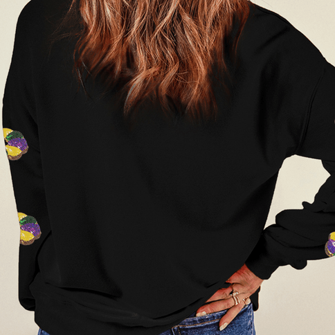 Adult Black Sequined Donuts of Mardi Gras Colors Drop Shoulder Sweatshirt - Mardi Gras Apparel - Adult, Ladies, Long Sleeve - Sweatshirt