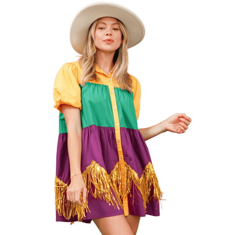 Adult Color Block Mardi Gras Dress With Foil Fringe - Mardi Gras Apparel - Adult, Dress, Ladies - Dress