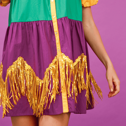 Adult Color Block Mardi Gras Dress With Foil Fringe - Mardi Gras Apparel Adult Color Block Mardi Gras Dress With Foil Fringe - Mardi Gras Apparel