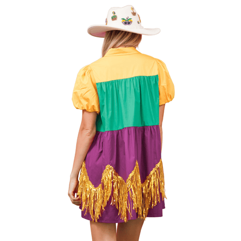 Adult Color Block Mardi Gras Dress With Foil Fringe - Mardi Gras Apparel - Adult, Dress, Ladies - Dress