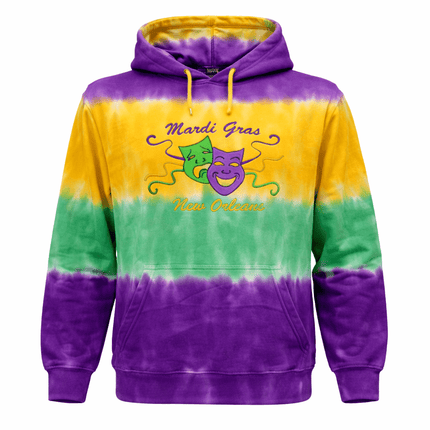 Adult Embroidered Mardi Gras Tie Dyed Comedy Tragedy Hoodie w/Draw String - Mardi Gras Apparel - Adult, Adult Unisex, Front Design - Hoodie