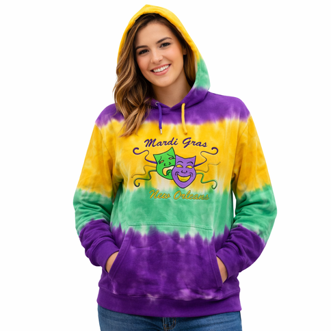 Adult Embroidered Mardi Gras Tie Dyed Comedy Tragedy Hoodie w/Draw String - Mardi Gras Apparel - Adult, Adult Unisex, Front Design - Hoodie