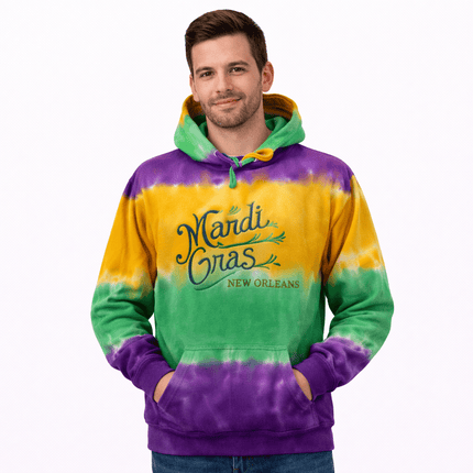 Adult Embroidered Mardi Gras Tie Dyed Mardi Gras Hoodie w/Draw String - Mardi Gras Apparel - Adult, Adult Unisex, apparel discount tier - Hoodie
