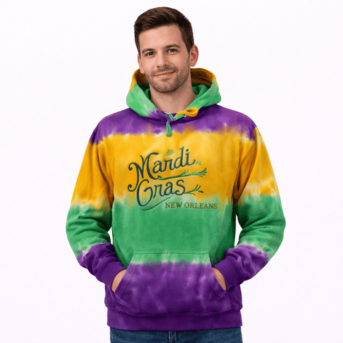 Adult Embroidered Mardi Gras Tie Dyed Mardi Gras Hoodie w/Draw String - Mardi Gras Apparel - Adult, Adult Unisex, apparel discount tier - Hoodie