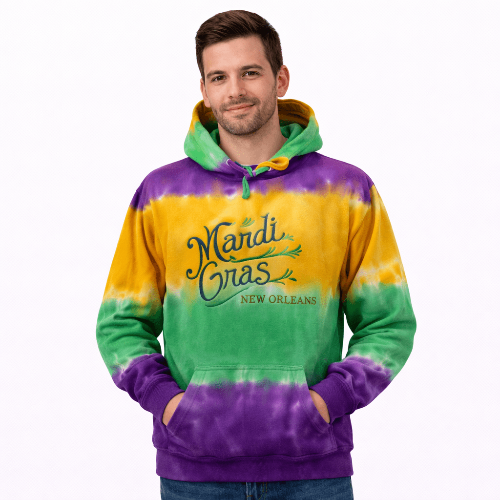 Adult Embroidered Mardi Gras Tie Dyed Hoodie with Adult Embroidered Mardi Gras Tie Dyed Hoodie with