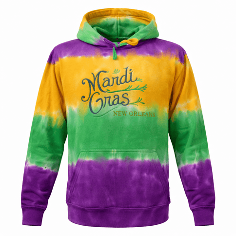 Adult Embroidered Mardi Gras Tie Dyed Mardi Gras Hoodie w/Draw String - Mardi Gras Apparel - Adult, Adult Unisex, apparel discount tier - Hoodie